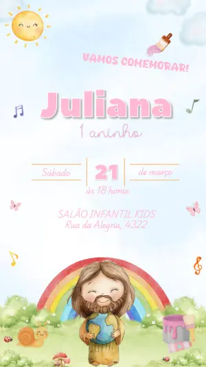 Convite de Aniversário Infantil Jesus Aquarela Editável