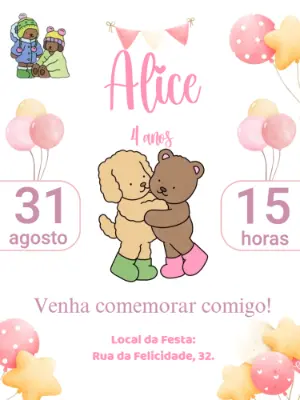 Convite Animado Aniversário Ursinho e Cachorro para Editar