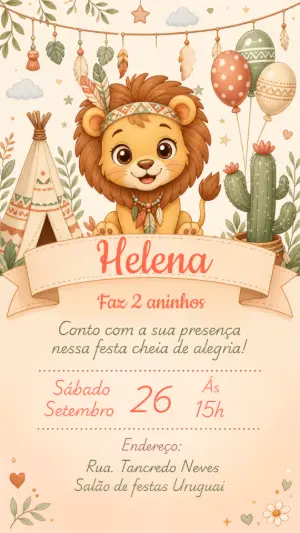 Convite de Aniversário Leãozinho Boho Editável para Menina