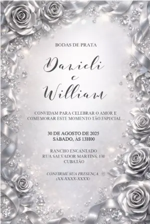 Convite Bodas de Prata Elegante com Flores e Diamantes Editável