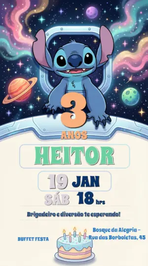 Invitación de cumpleaños Stitch – Estático – Convites Digitais Exclusivos