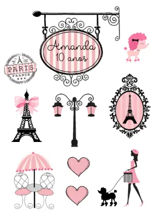 Topo de Bolo Festa Paris com Elementos para Editar Online