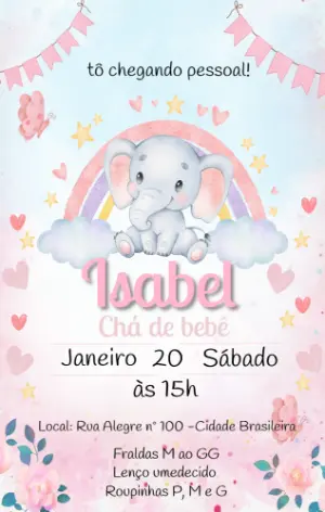 Convite Digital Chá de Bebê Menina Elefantinho Rosa Editável