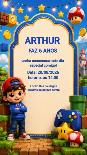 Convite de Aniversário Gamer Mario para Editar