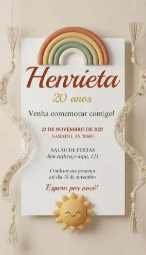 Convite de Aniversário Boho com Arco-íris Editável