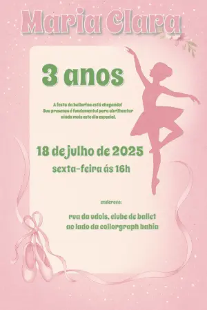 Convite de Aniversário Bailarina Delicado para Editar Online