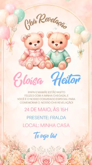 Convite Chá Revelação Ursinhos Aquarela para Editar