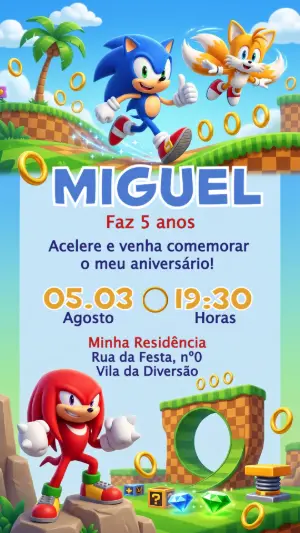 Convite de Aniversário Sonic e Turma Modelo Editável