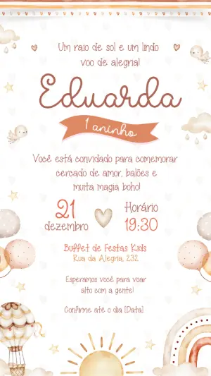 Convite de Aniversário Boho Sol e Arco-íris Editável