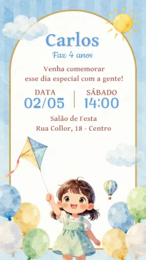 Convite de Aniversário Infantil Aquarela com Pipa Editável