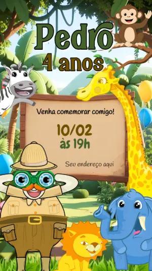 Convite Digital Aniversário Tema Selva Divertida Editável