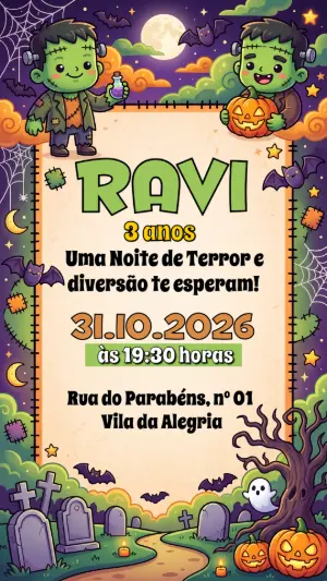 Convite de Aniversário Halloween Frankenstein Fofo Editável