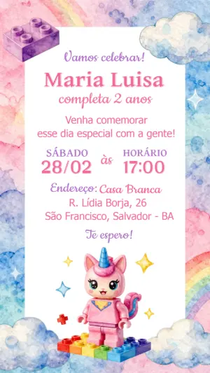 Convite de Aniversário Infantil Blocos e Unicórnio Editável