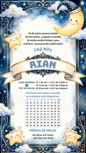 Chá Rifa Digital Editável Lua e Estrelas Soninho para Bebê