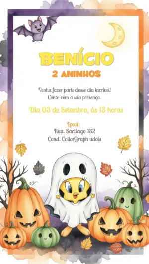 Convite Aniversário Halloween Piu Piu para Editar Online