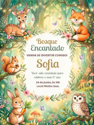 Convite de Aniversário Bosque Encantado Aquarela Editável
