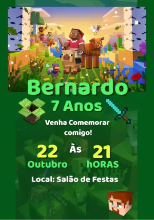 Convite de Aniversário Minecraft com Personagens para Editar Online