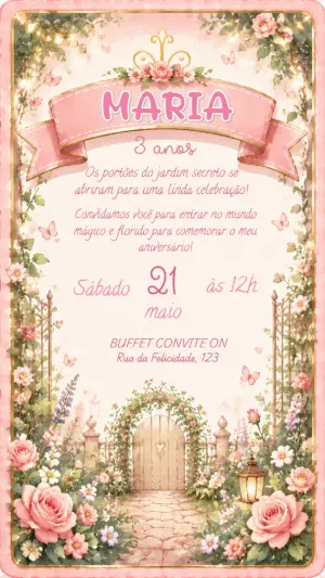 Convite de Aniversário Jardim Editável para Menina