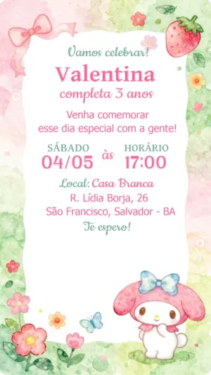 Convite de Aniversário My Melody Aquarela Editável