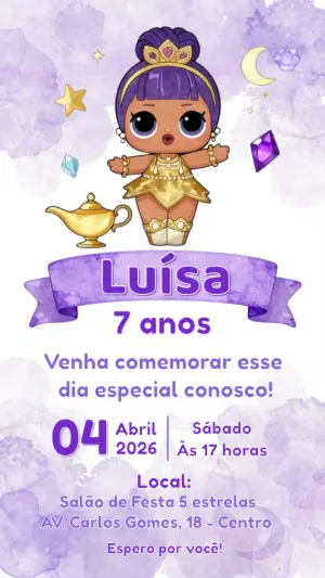 Convite de Aniversário LOL Gênio Roxo e Dourado para Editar