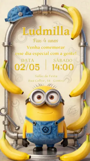 Convite de Aniversário Infantil Minions Amarelo para Editar