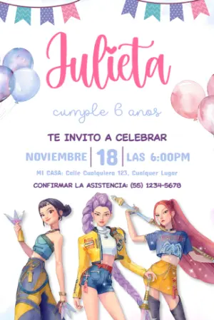 Invitación de Cumpleaños Las Guerreras K-Pop Editable