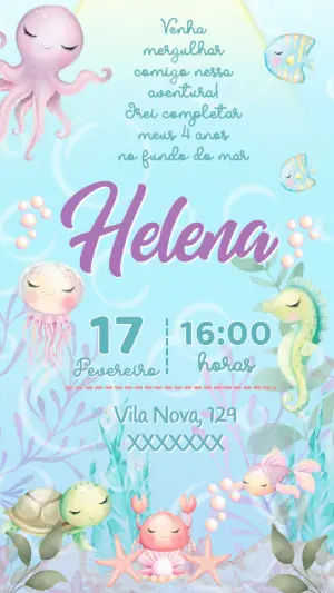 Convite de Aniversário Fundo do Mar Aquarela para Editar