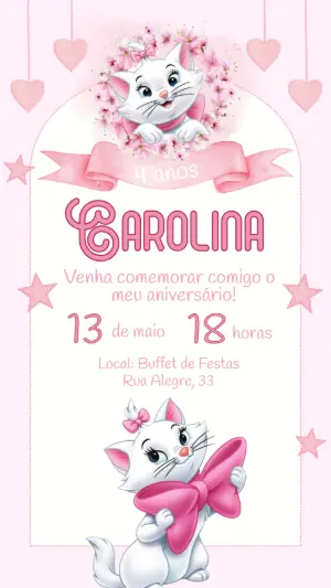Convite Aniversário Gatinha Marie para Editar Online