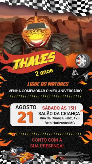 Convite Animado Aniversário Carros Monster Truck para Editar