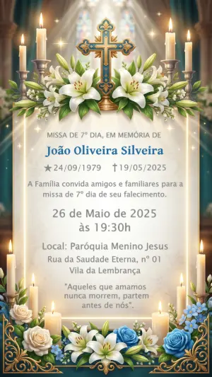 Convite de Missa de 7º Dia Elegante com Lírios para Editar
