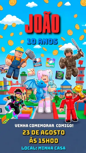 Convite de Aniversário Roblox: Modelo Digital para Editar