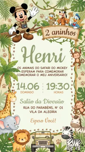 Convite de Aniversário Mickey Safari Editável