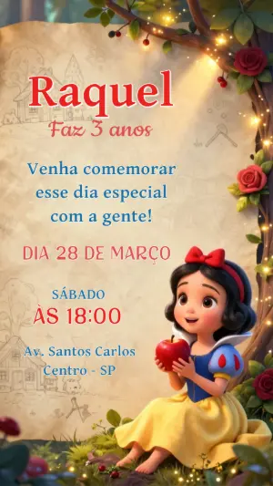 Convite de Aniversário Branca de Neve Fofa Modelo Editável
