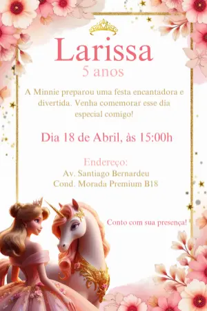 Convite Aniversário Princesa e Unicórnio para Editar Online