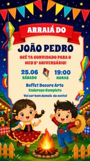 Convite de Aniversário Arraiá Infantil Colorido para Editar