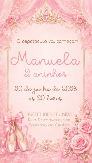 Convite de Aniversário Bailarina Rosa e Dourado Editável