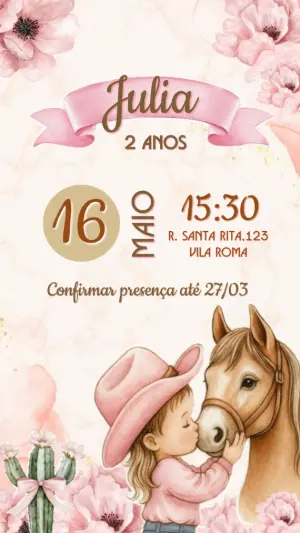 Convite de Aniversário Country Rosa com Cavalo Editável