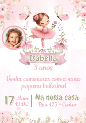 Convite de Aniversário Bailarina Rosa com Foto Editável