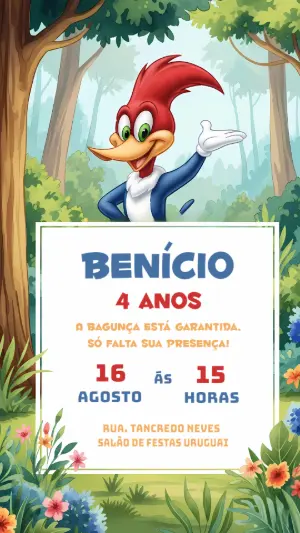 Convite de Aniversário Pica Pau para Editar Online e Imprimir