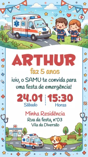 Convite de Aniversário Infantil Ambulância SAMU Editável