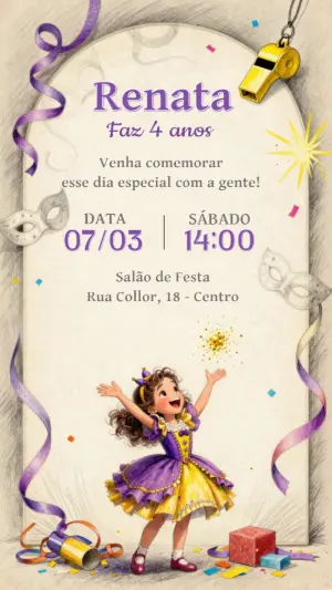 Convite de Aniversário Carnaval Ilustrado para Editar