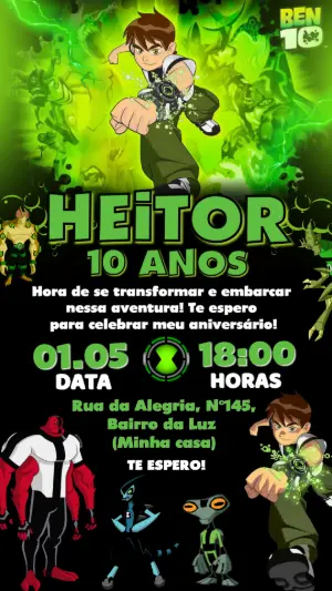 Convite de Aniversário Ben 10 Verde e Preto para Editar