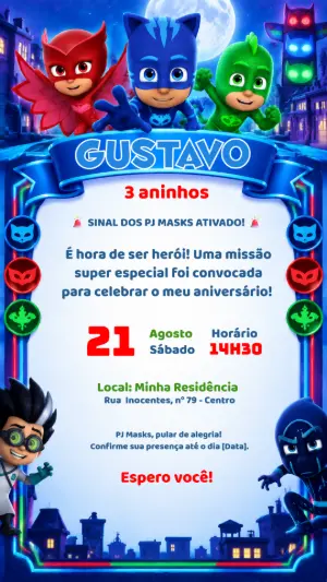 Convite de Aniversário PJ Masks Editável para Festa Infantil