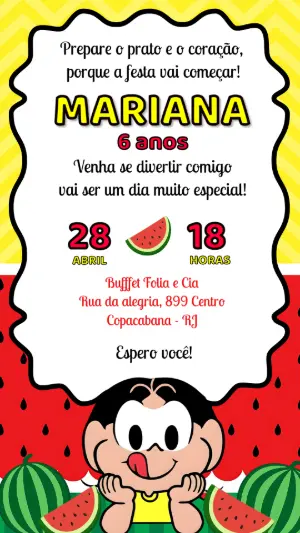 Convite de Aniversário Magali Melancia Colorido para Editar