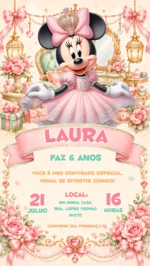 Convite de Aniversário Minnie Realeza Rosa Editável