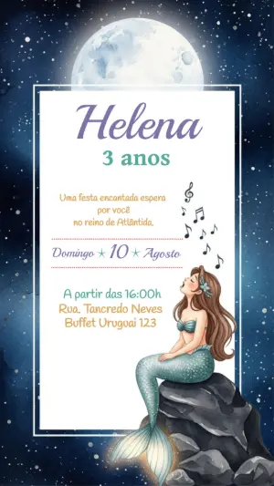 Convite Aniversário Sereia sob o Luar para Editar