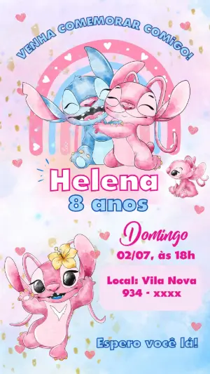Convite de Aniversário Stitch e Angel Rosa Editável