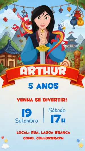 Convite de Aniversário Mulan: Modelo Digital Editável