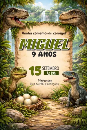 Convite Digital Aniversário Jurássico com Dinossauros Editável