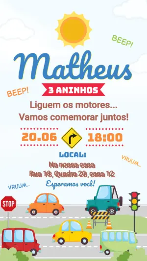 Convite de Aniversário Infantil Carros Coloridos para Editar
